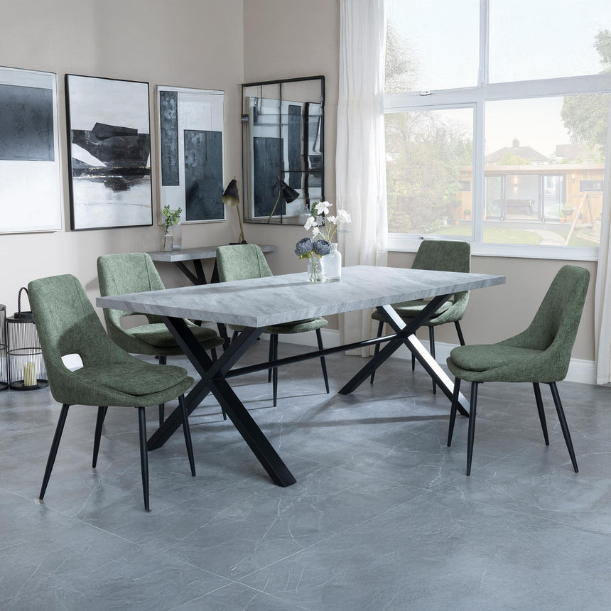 Ezra Grey Concrete Dining Set with Cross Legs - Peyton Green Fabric Dining Chair-2