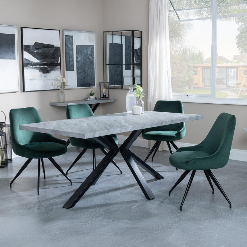 Ezra Grey Concrete Dining Set with Spider Legs - Arctic Green Velvet Fabric Swivel Dining Chair-2