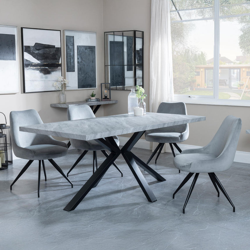 Ezra Grey Concrete Dining Set with Spider Legs - Arctic Grey Velvet Fabric Swivel Dining Chair