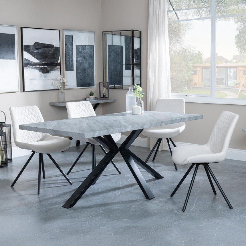 Bronx Grey Concrete Effect Dining Set with Spider Legs - Boden Cream Fabric Swivel Dining Chair-2
