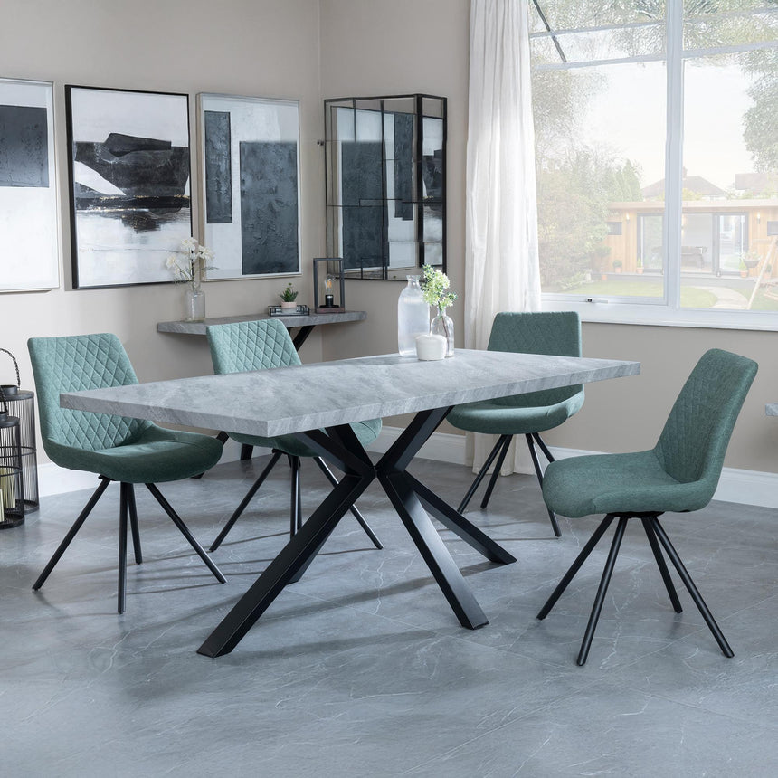 Bronx Grey Concrete Effect Dining Set with Spider Legs - Boden Green Fabric Swivel Dining Chair-4