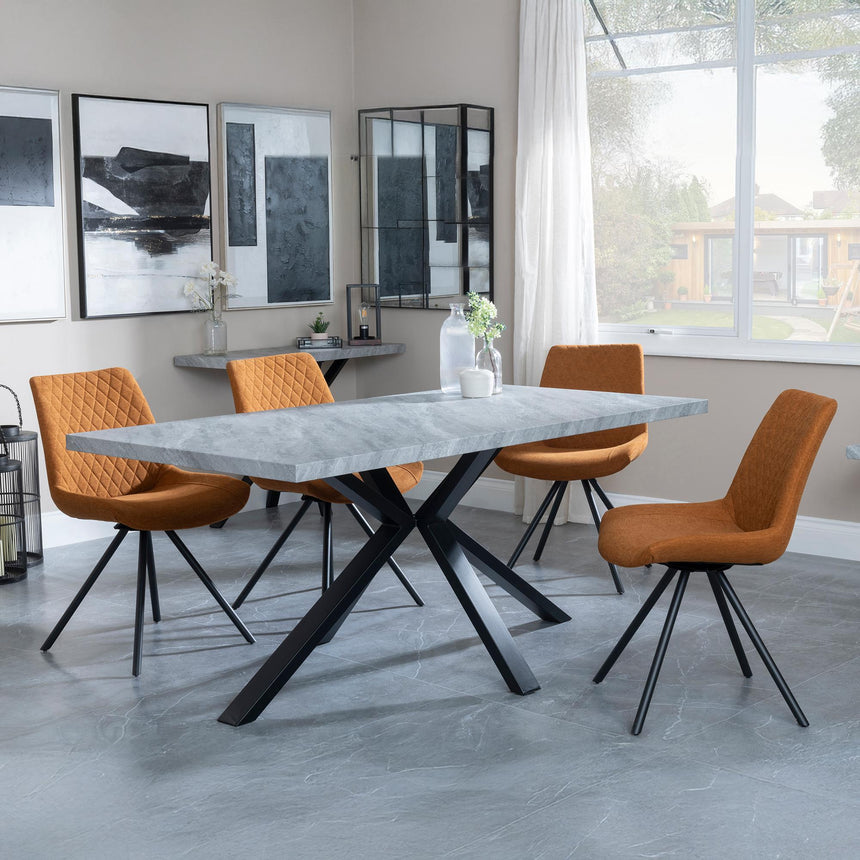 Bronx Grey Concrete Effect Dining Set with Spider Legs - Boden Orange Fabric Swivel Dining Chair-3