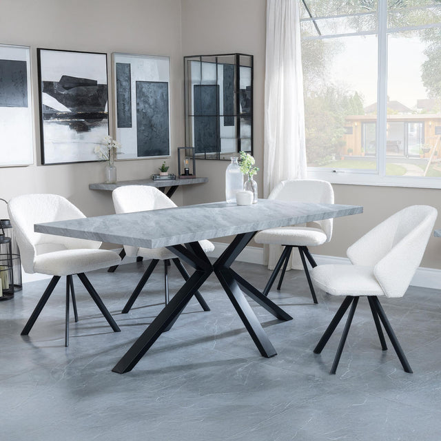 Ezra Grey Concrete Dining Set with Spider Legs - Ion Cream Boucle Teddy Fabric Swivel Dining Chair