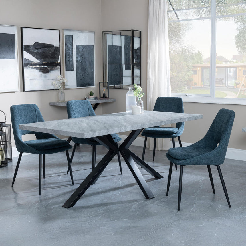 Ezra Grey Concrete Dining Set with Spider Legs - Peyton Blue Fabric Dining Chair-2