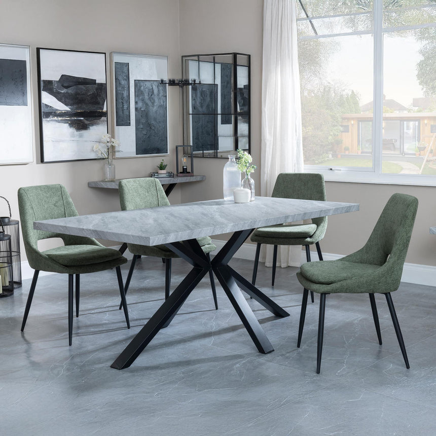 Barking Grey Concrete Dining Set with Spider Legs - Stansbury Green Fabric Dining Chair