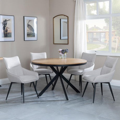 Bronx Industrial Oak Effect 4 Seater Round Dining Set with Spider Legs - 4 Ace Beige Fabric Swivel Dining Chair-2