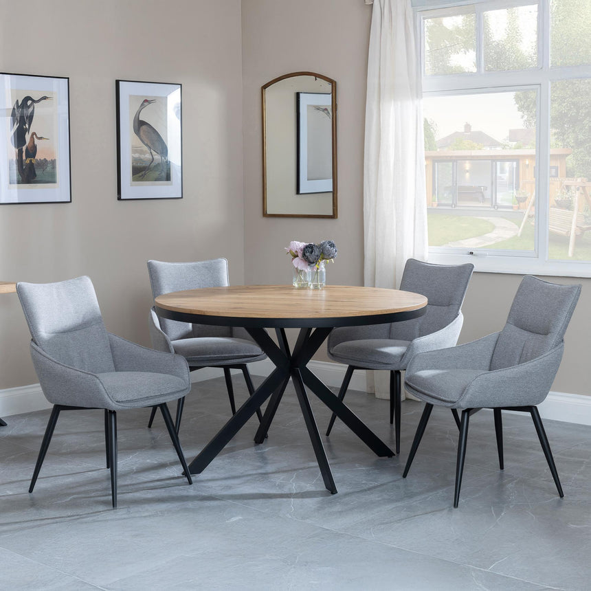 Ezra Oak 4 Seater Round Dining Set with Black Spider Legs - 4 Ace Grey Fabric Swivel Dining Chair-2