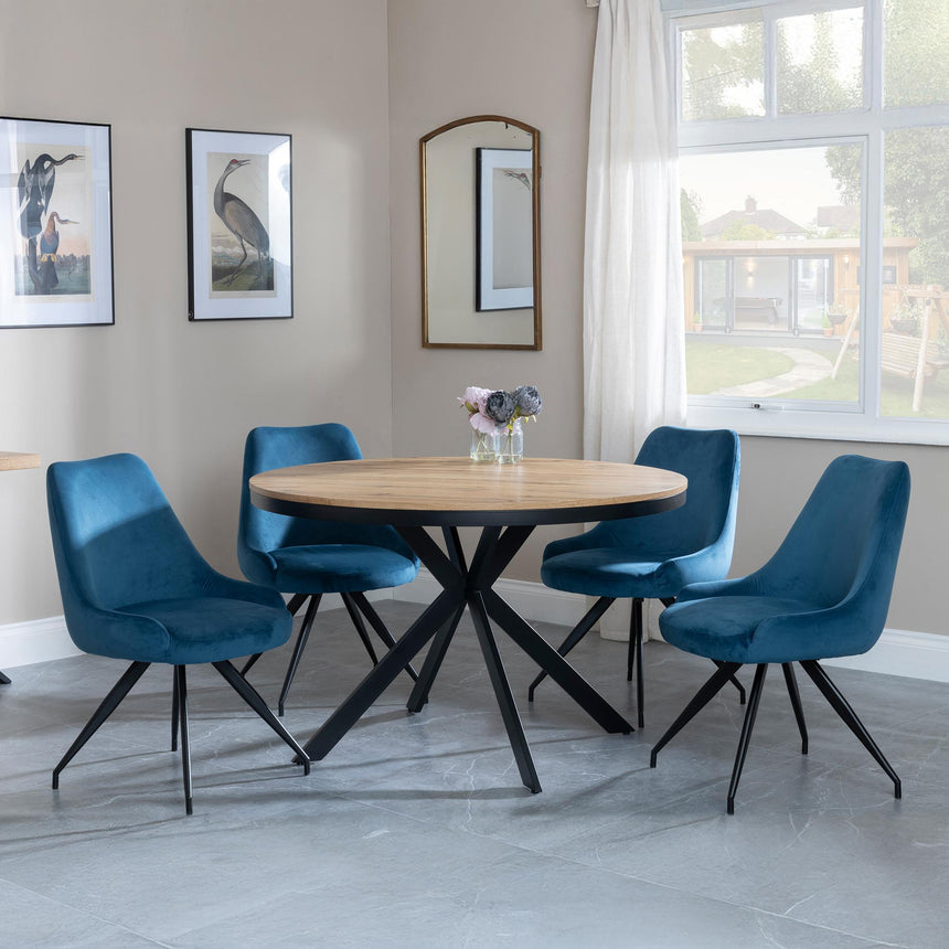 Bronx Industrial Oak Effect 4 Seater Round Dining Set with Spider Legs - 4 Arctic Blue Velvet Fabric Swivel Dining Chair-3