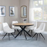 Ezra Oak 4 Seater Round Dining Set with Black Spider Legs - 4 Arctic Cream Velvet Fabric Swivel Dining Chair-4