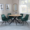 Bronx Industrial Oak Effect 4 Seater Round Dining Set with Spider Legs - 4 Arctic Green Velvet Fabric Swivel Dining Chair