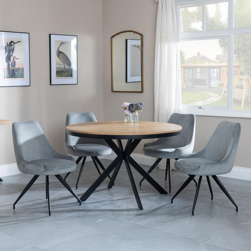 Bronx Industrial Oak Effect 4 Seater Round Dining Set with Spider Legs - 4 Arctic Grey Velvet Fabric Swivel Dining Chair-2