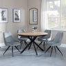 Bronx Industrial Oak Effect 4 Seater Round Dining Set with Spider Legs - 4 Arctic Grey Velvet Fabric Swivel Dining Chair-2