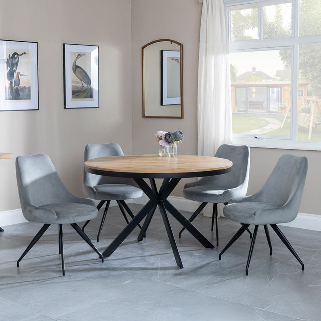 Ezra Oak 4 Seater Round Dining Set with Black Spider Legs - 4 Arctic Grey Velvet Fabric Swivel Dining Chair