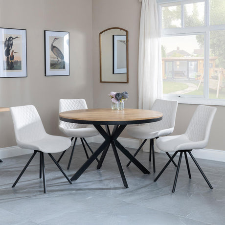 Bronx Industrial Oak Effect 4 Seater Round Dining Set with Spider Legs - 4 Boden Cream Fabric Swivel Dining Chair-2