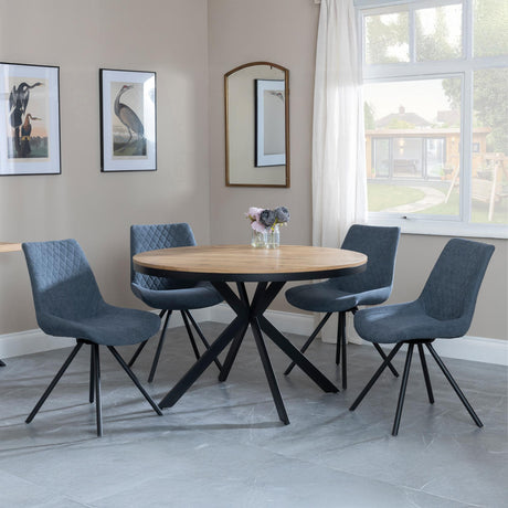 Bronx Industrial Oak Effect 4 Seater Round Dining Set with Spider Legs - 4 Boden Dark Grey Fabric Swivel Dining Chair-5