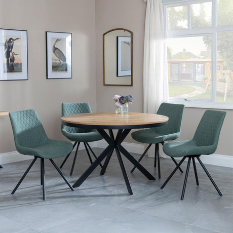 Bronx Industrial Oak Effect 4 Seater Round Dining Set with Spider Legs - 4 Boden Green Fabric Swivel Dining Chair-4