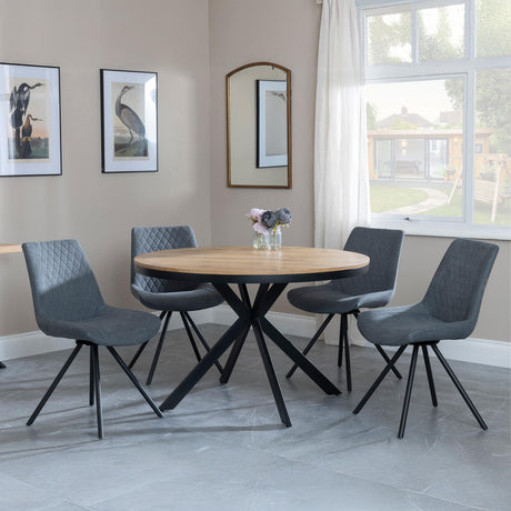 Bronx Industrial Oak Effect 4 Seater Round Dining Set with Spider Legs - 4 Boden Grey Fabric Swivel Dining Chair-6