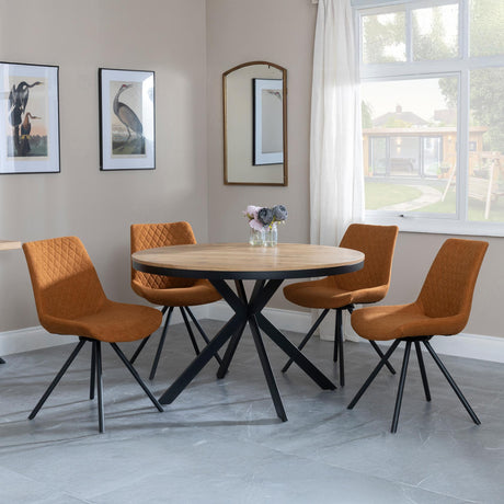 Bronx Industrial Oak Effect 4 Seater Round Dining Set with Spider Legs - 4 Boden Orange Fabric Swivel Dining Chair-3