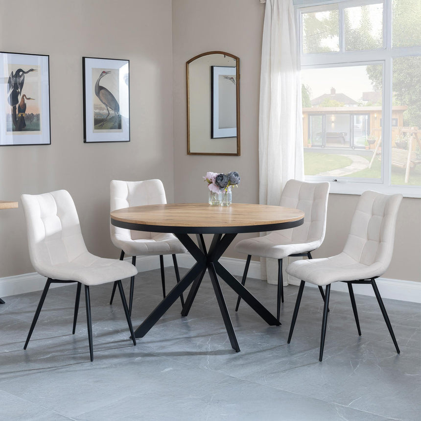 Bronx Industrial Oak Effect 4 Seater Round Dining Set with Spider Legs - 4 Corona Beige Fabric Dining Chair-2