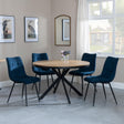 Bronx Industrial Oak Effect 4 Seater Round Dining Set with Spider Legs - 4 Corona Blue Fabric Dining Chair