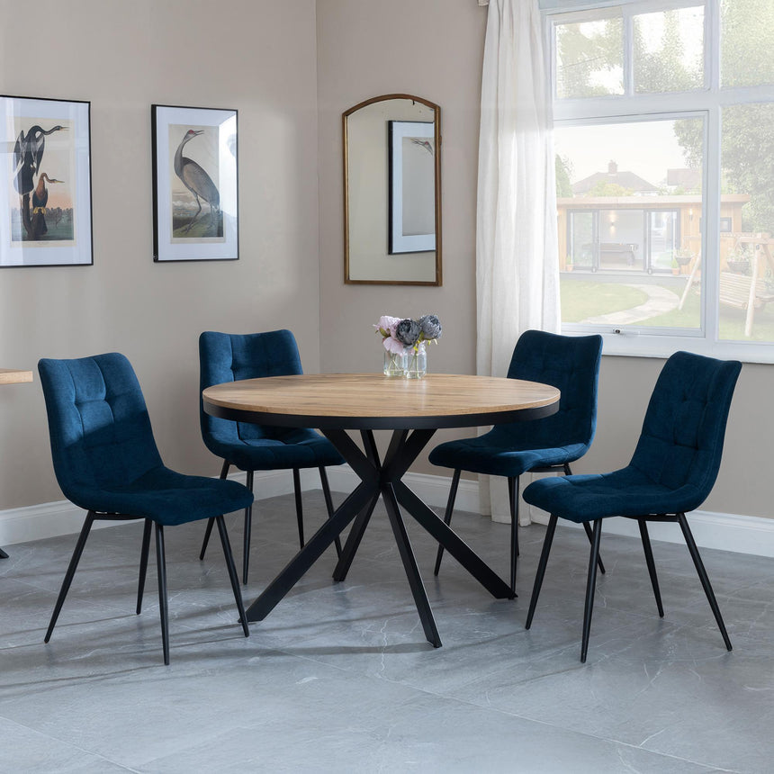 Bronx Industrial Oak Effect 4 Seater Round Dining Set with Spider Legs - 4 Corona Blue Fabric Dining Chair