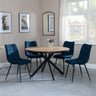 Bronx Industrial Oak Effect 4 Seater Round Dining Set with Spider Legs - 4 Corona Blue Fabric Dining Chair