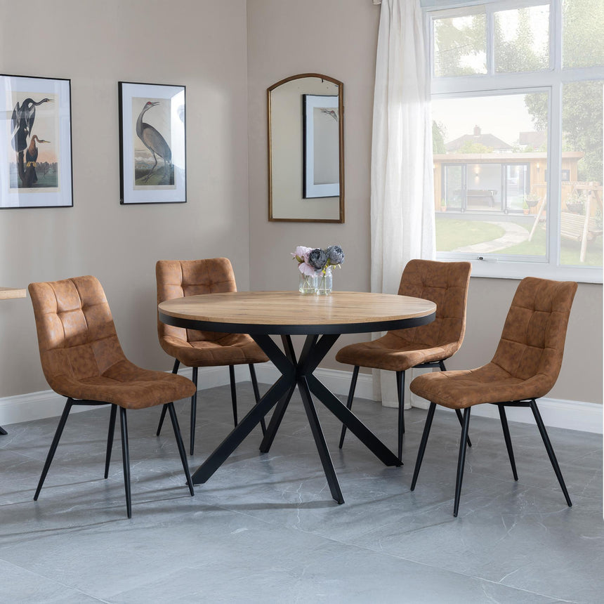 Bronx Industrial Oak Effect 4 Seater Round Dining Set with Spider Legs - 4 Corona Brown Fabric Dining Chair-8