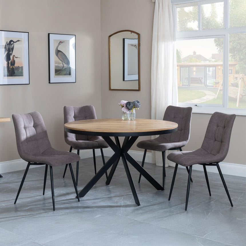 Bronx Industrial Oak Effect 4 Seater Round Dining Set with Spider Legs - 4 Corona Camel Fabric Dining Chair-3