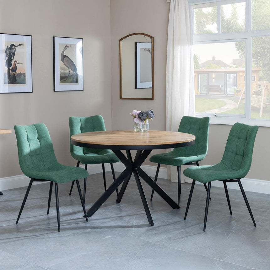 Bronx Industrial Oak Effect 4 Seater Round Dining Set with Spider Legs - 4 Corona Green Fabric Dining Chair-6