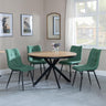 Bronx Industrial Oak Effect 4 Seater Round Dining Set with Spider Legs - 4 Corona Green Fabric Dining Chair-6