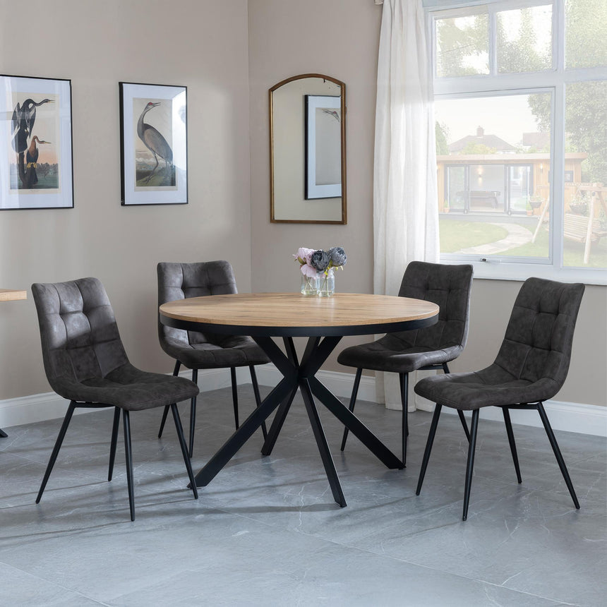 Bronx Industrial Oak Effect 4 Seater Round Dining Set with Spider Legs - 4 Corona Grey Fabric Dining Chair-9