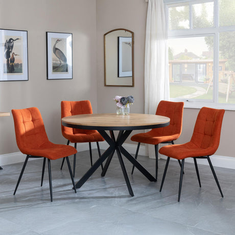 Bronx Industrial Oak Effect 4 Seater Round Dining Set with Spider Legs - 4 Corona Orange Fabric Dining Chair-4