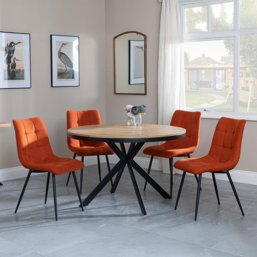 Bronx Industrial Oak Effect 4 Seater Round Dining Set with Spider Legs - 4 Corona Orange Fabric Dining Chair-4