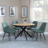 Bronx Industrial Oak Effect 4 Seater Round Dining Set with Spider Legs - 4 Darwin Green Fabric Dining Chair-4