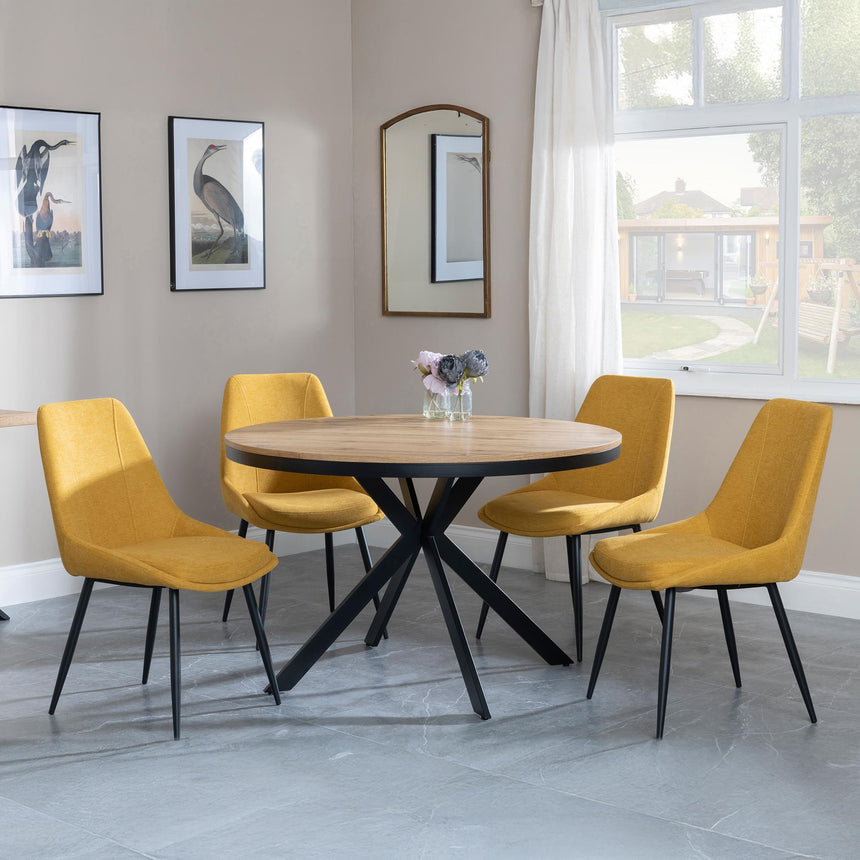 Bronx Industrial Oak Effect 4 Seater Round Dining Set with Spider Legs - 4 Darwin Yellow Fabric Dining Chair-2