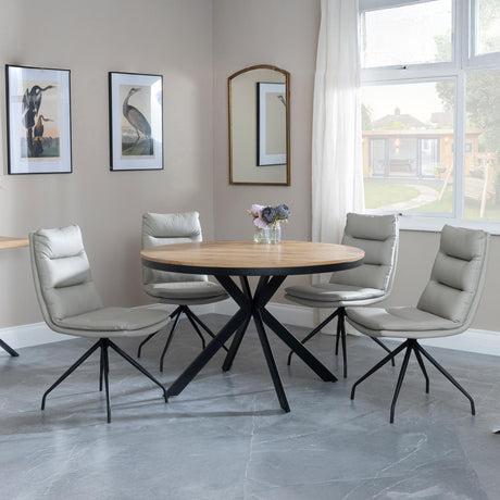 Bronx Industrial Oak Effect 4 Seater Round Dining Set with Spider Legs - 4 Diego Beige Leather Swivel Dining Chair-3