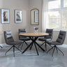 Ezra Oak 4 Seater Round Dining Set with Black Spider Legs - 4 Diego Grey Leather Swivel Dining Chair-3