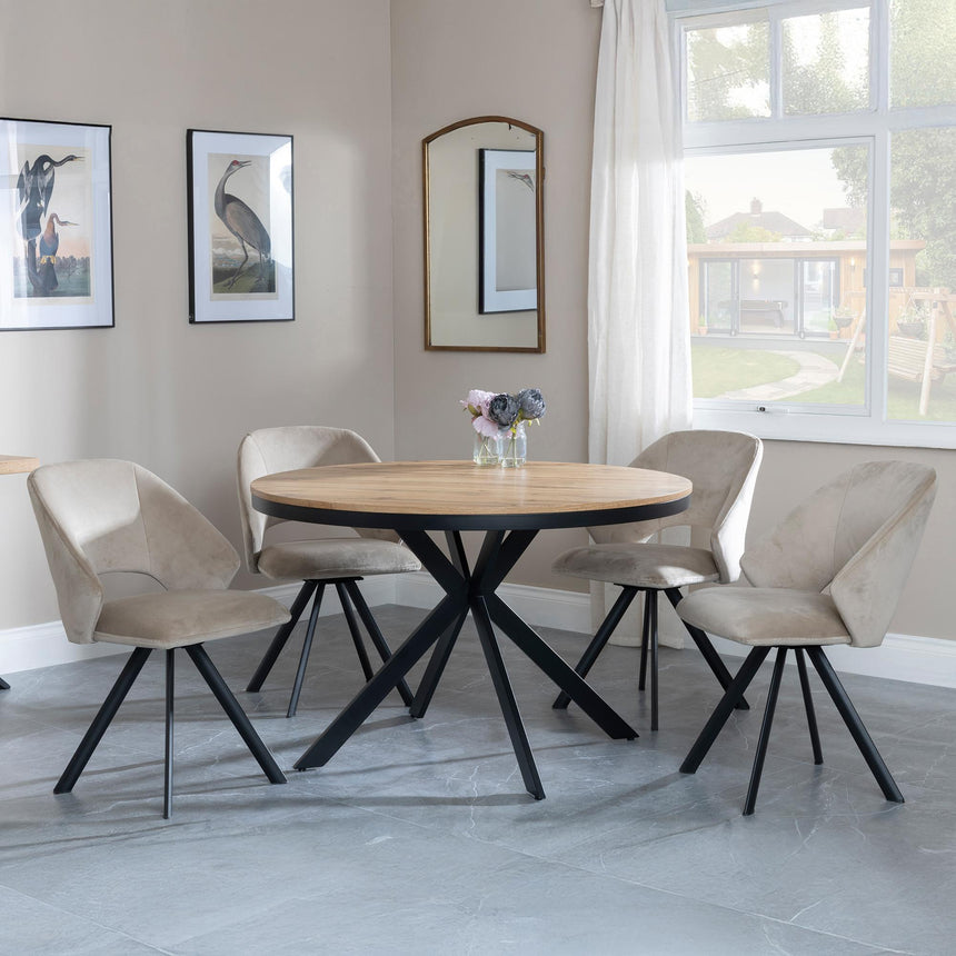 Ezra Oak 4 Seater Round Dining Set with Black Spider Legs - 4 Ion Beige Velvet Fabric Swivel Dining Chair-3