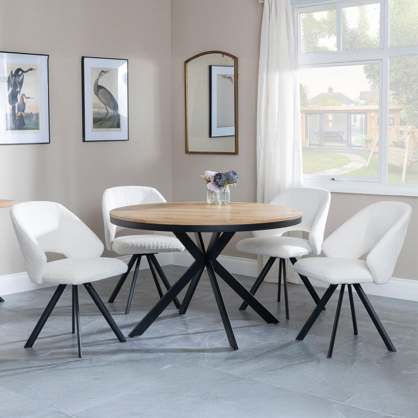 Ezra Oak 4 Seater Round Dining Set with Black Spider Legs - 4 Ion Cream Boucle Teddy Fabric Swivel Dining Chair-5