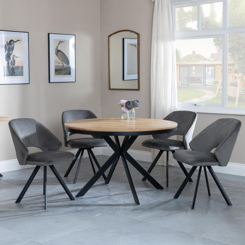 Ezra Oak 4 Seater Round Dining Set with Black Spider Legs - 4 Ion Dark Grey Velvet Fabric Swivel Dining Chair