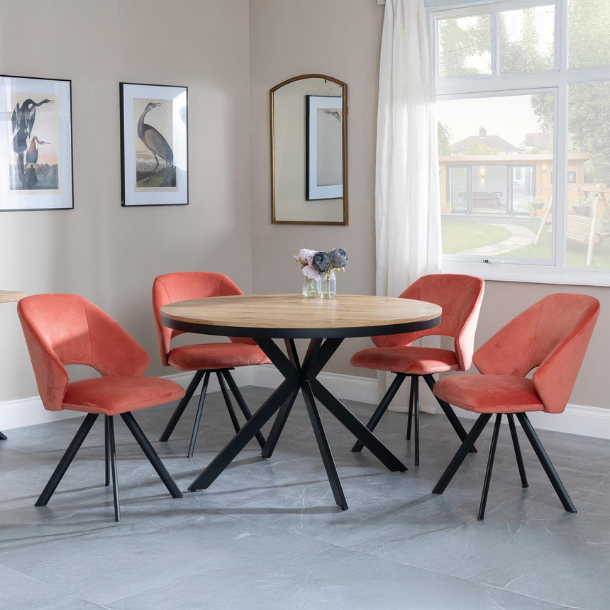 Ezra Oak 4 Seater Round Dining Set with Black Spider Legs - 4 Ion Orange Velvet Fabric Swivel Dining Chair-4