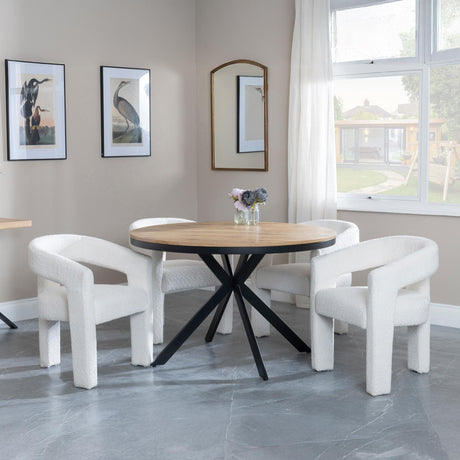 Bronx Industrial Oak Effect 4 Seater Round Dining Set with Spider Legs - 4 Kiefer Cream Boucle Fabric Dining Chair-2