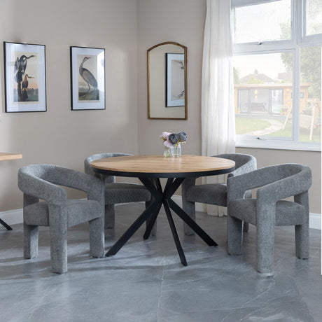 Bronx Industrial Oak Effect 4 Seater Round Dining Set with Spider Legs - 4 Kiefer Grey Boucle Fabric Dining Chair