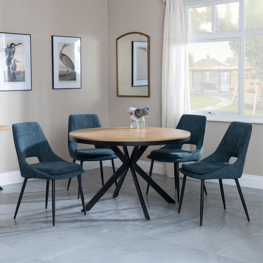 Bronx Industrial Oak Effect 4 Seater Round Dining Set with Spider Legs - 4 Peyton Blue Fabric Dining Chair-3