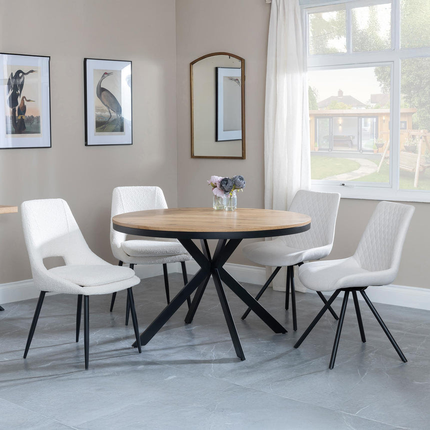 Bronx Industrial Oak Effect 4 Seater Round Dining Set with Spider Legs - 4 Peyton Cream Fabric Dining Chair-4