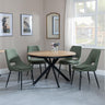 Bronx Industrial Oak Effect 4 Seater Round Dining Set with Spider Legs - 4 Peyton Green Fabric Dining Chair