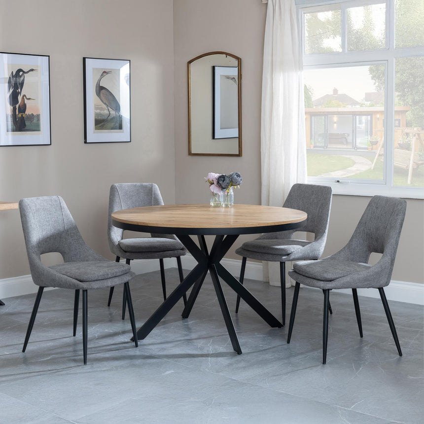 Bronx Industrial Oak Effect 4 Seater Round Dining Set with Spider Legs - 4 Peyton Grey Fabric Dining Chair-2