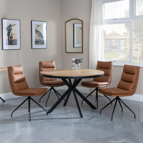 Bronx Industrial Oak Effect 4 Seater Round Dining Set with Spider Legs - 4 Diego Brown Leather Swivel Dining Chair