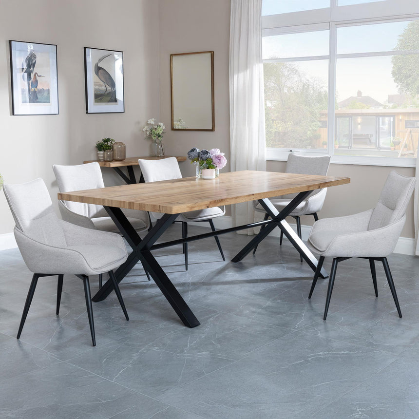 Bronx Industrial Oak Effect Dining Set with Cross Legs - Ace Beige Fabric Swivel Dining Chair-3