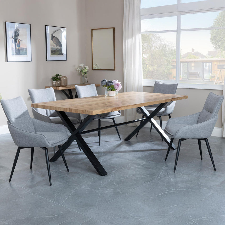 Bronx Industrial Oak Effect Dining Set with Cross Legs - Ace Grey Fabric Swivel Dining Chair-2